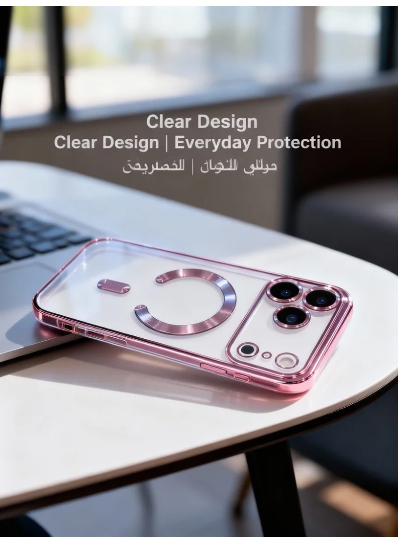 robotgcc Magnetic Phone Case for iPhone 17 Pro Max with Transparent Pink Electroplated Frame, Clear Shockproof Soft TPU Cover, Built-In Camera Lens Protection, Strong Magnetic Ring Compatible with Magnetic Charging, Anti-Drop Protective Case with Full Edge Coverage and Elegant Pink Finish - Image 3